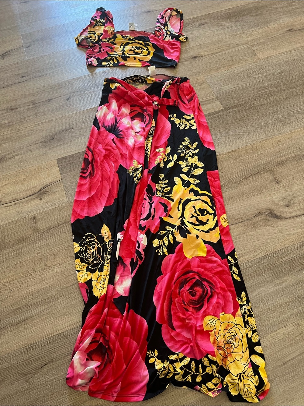 Two-Piece Floral Maxi Skirt Set - Black with Hot Pink & Yellow Roses